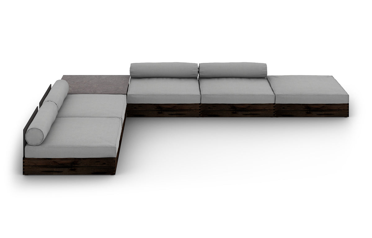 Aiko Configuration 7 by Mamagreen - Espresso Teak Wood, Slate HPL, Seagull Grey Sunbrella Cushion.