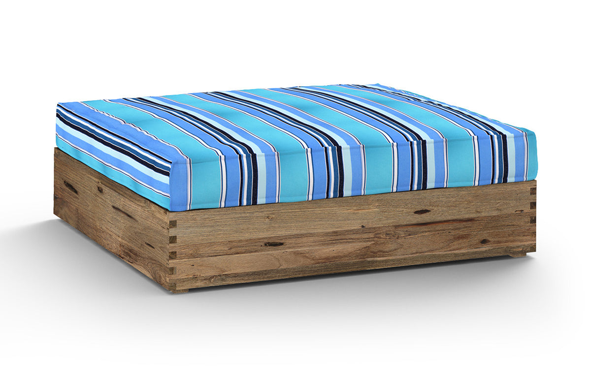 Aiko Deep Ottoman by Mamagreen - Original Teak Wood, Dolce Oasis Stripe Sunbrella Cushion.