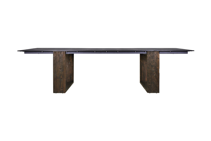 Aiko Dining Table by Mamagreen, showing showing front view of adjusted aiko dining table in 95" x 39"/espresso teak wood/slate HPL.