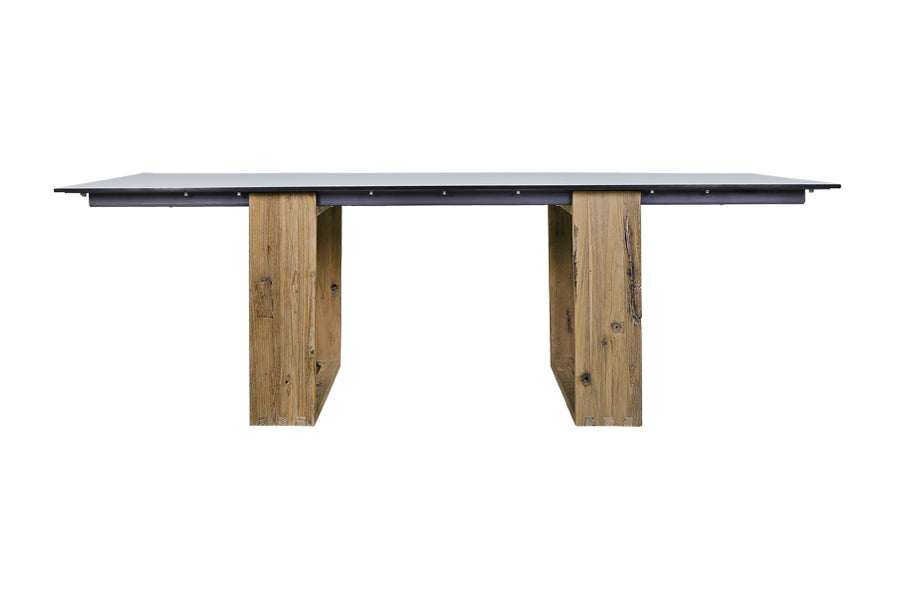 Aiko Dining Table by Mamagreen, showing showing front view of adjusted aiko dining table in 95" x 39"/original teak wood/alpes white HPL.