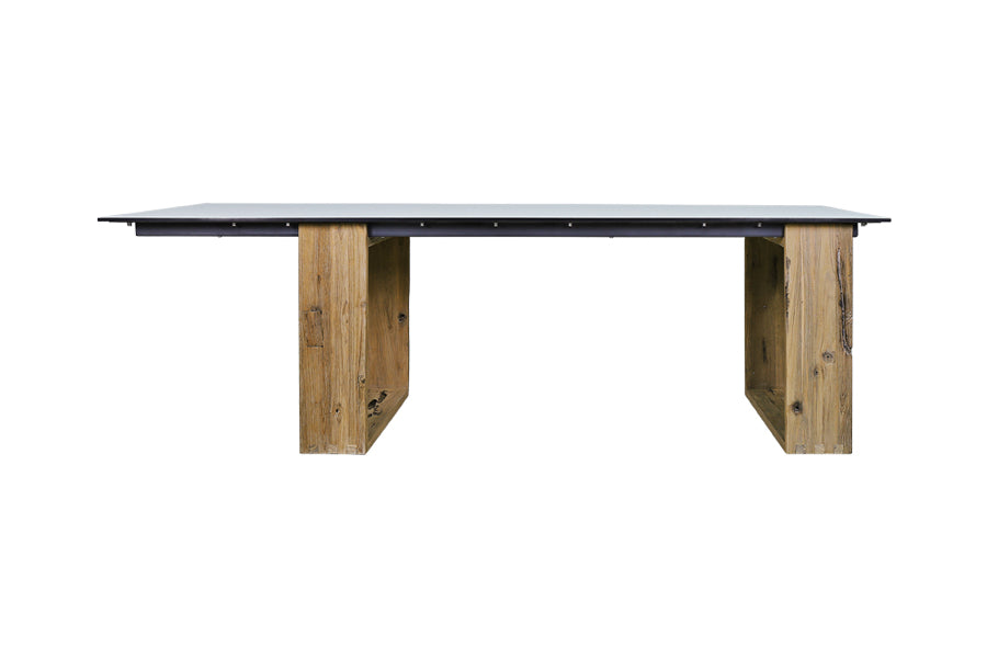 Aiko Dining Table by Mamagreen, showing showing front view of adjusted aiko dining table in 95" x 39"/original teak wood/alpes white HPL.