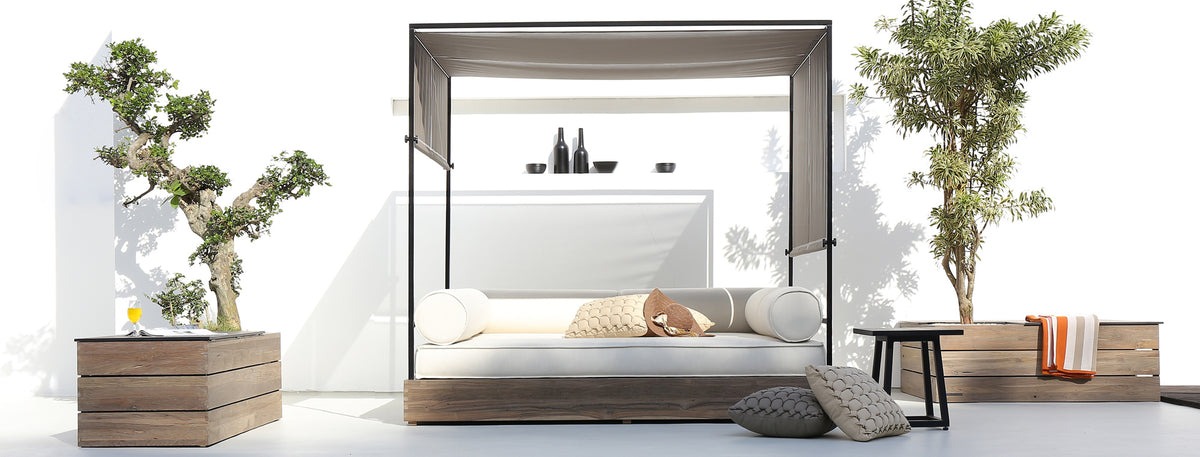 Aiko Large Espresso Teak Daybed by Mamagreen, showing aiko large espresso teak daybed in live shot.
