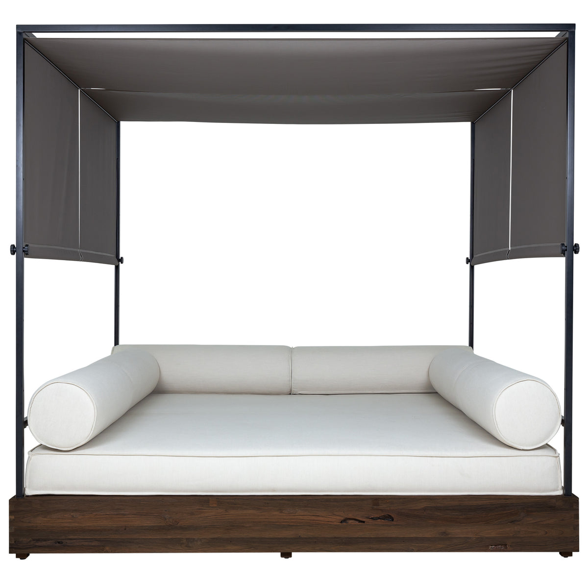 Aiko Large Espresso Teak Daybed by Mamagreen, showing front view of aiko large espresso teak daybed in gloss category B/dark taupe standard drapery batyline/canvas sunbrella category E.