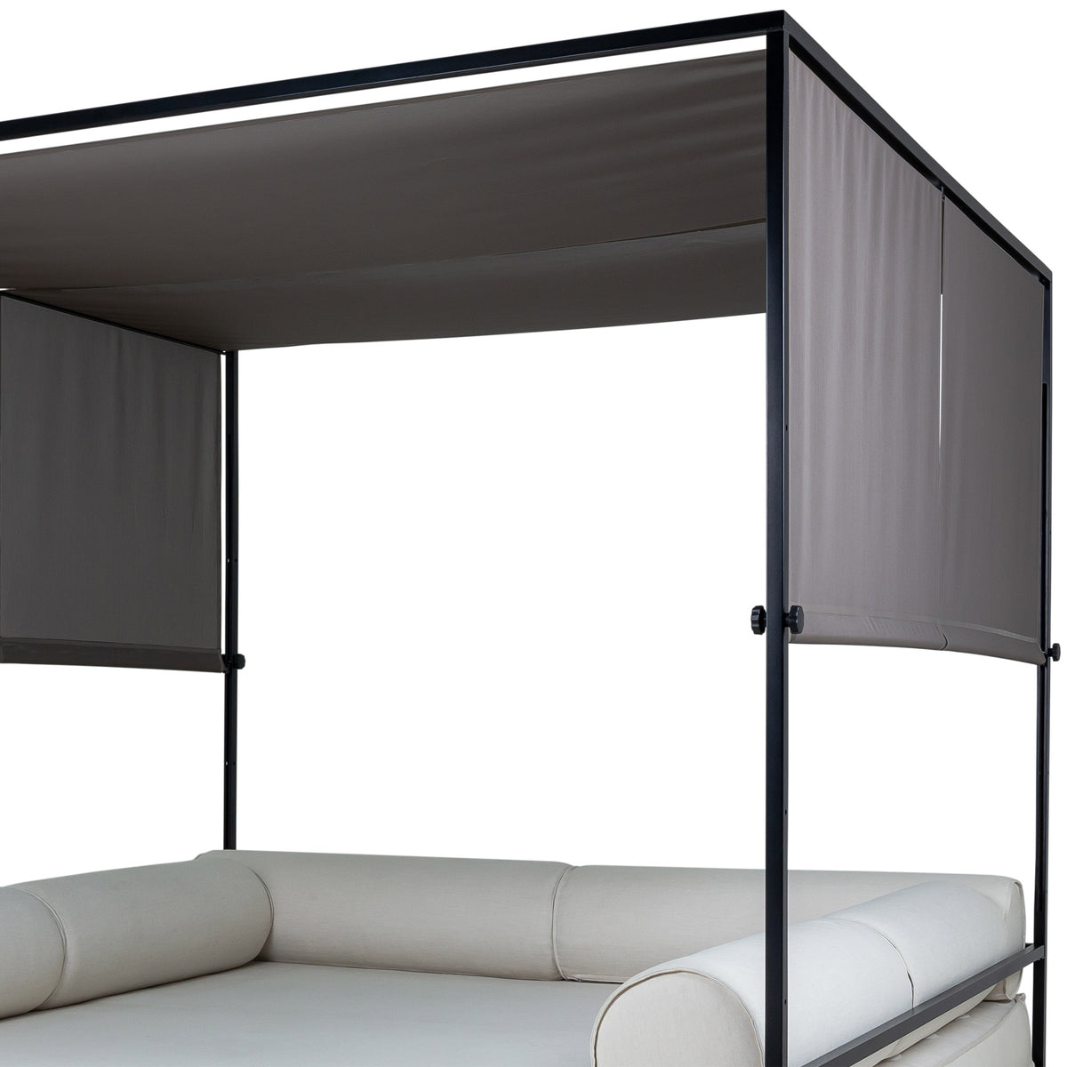 Aiko Large Original Teak Daybed by Mamagreen, showing closeup view of aiko large original teak daybed in gloss category B/dark taupe standard drapery batyline/canvas sunbrella category E.