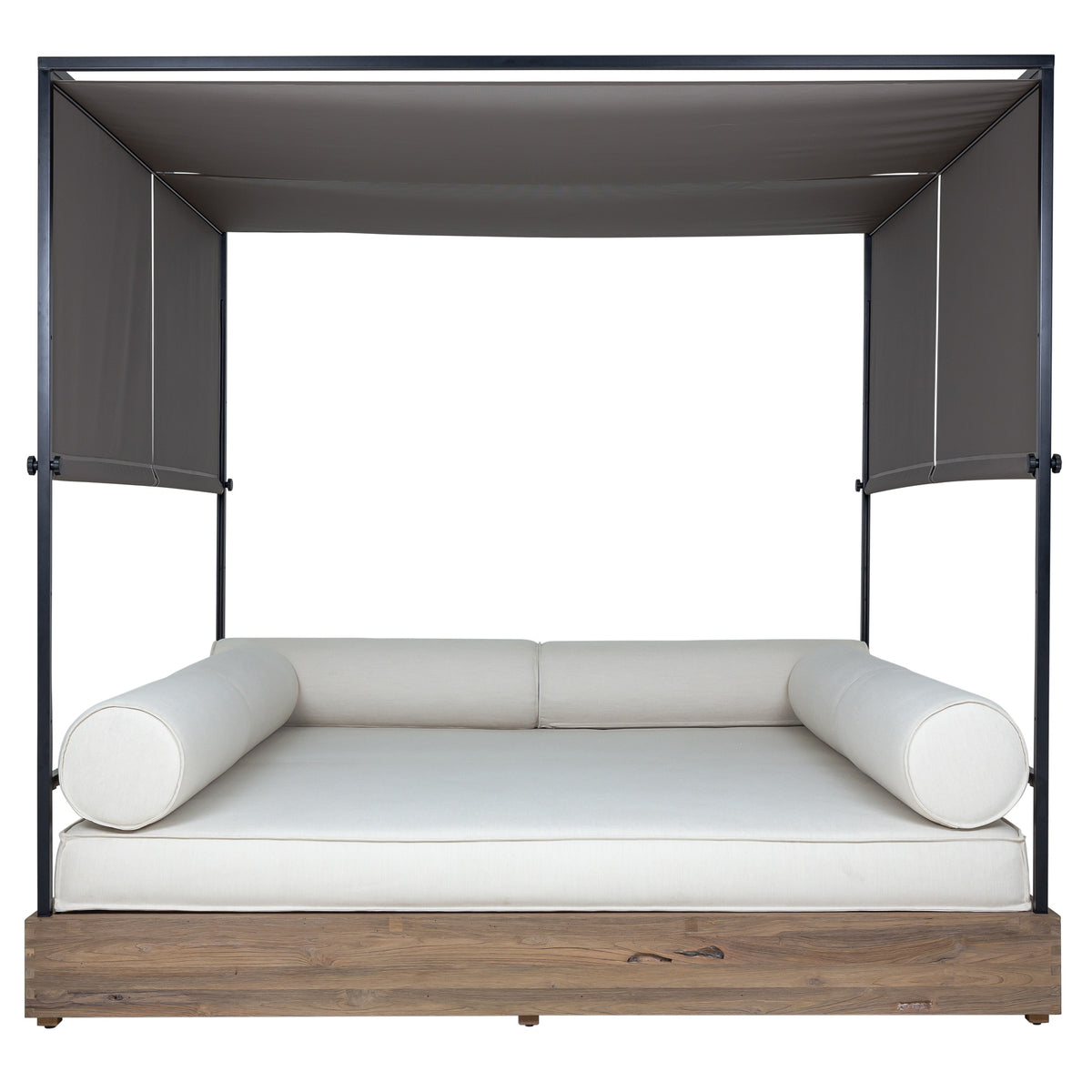 Aiko Large Original Teak Daybed by Mamagreen, showing front view of aiko large original teak daybed in gloss category B/dark taupe standard drapery batyline/canvas sunbrella category E.