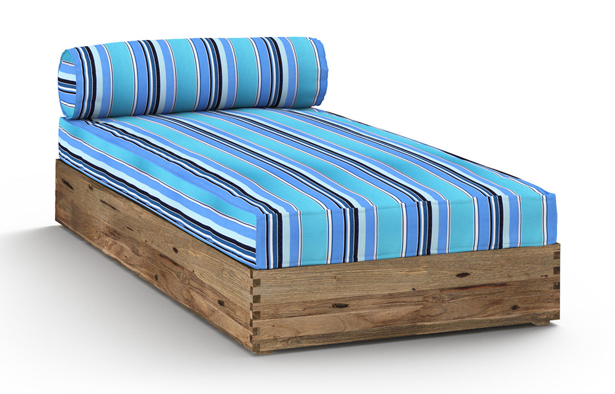 Aiko Lounger by Mamagreen - Original Teak Wood, Slate HPL, Dolce Oasis Stripe Sunbrella Cushion.