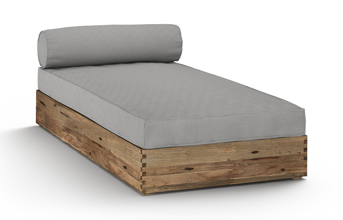 Aiko Lounger by Mamagreen - Original Teak Wood, Alpes White HPL, Seagull Grey Sunbrella Cushion.