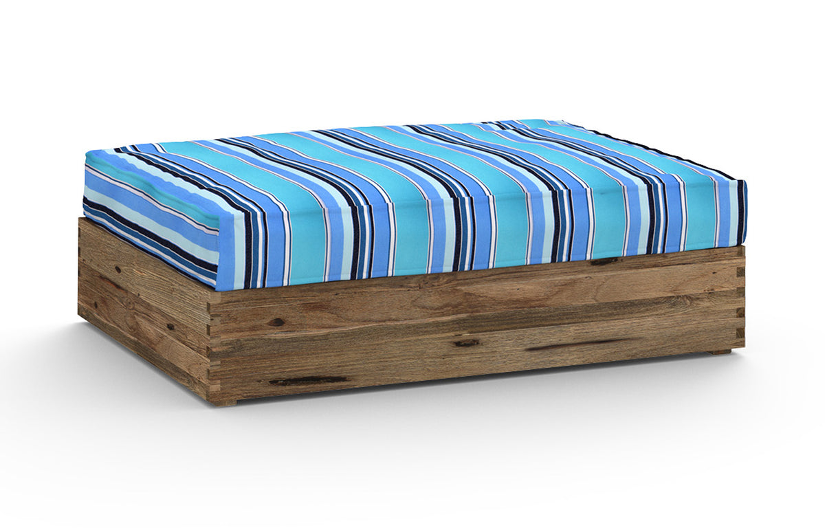 Aiko Multifit Ottoman by Mamagreen - Original Teak Wood, Dolce Oasis Stripe Sunbrella Cushion.