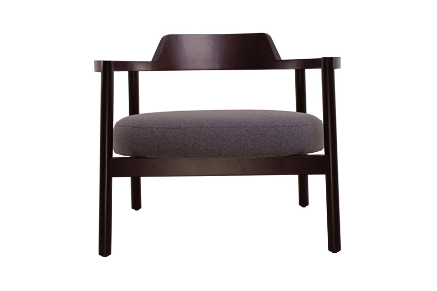 Alek Lounge Chair by B&T, showing front view of alek lounge chair in brown nino fabric + walnut wood.