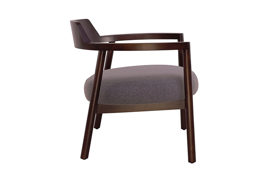 Alek Lounge Chair by B&T, showing side view of alek lounge chair in brown nino fabric + walnut wood.