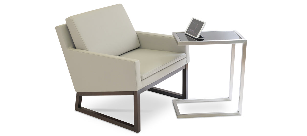 Alfa End Table by sohoConcept, showing side view of the end table with chair.