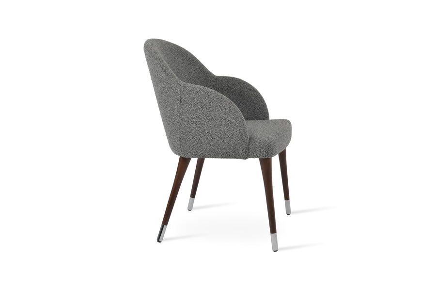 Alice Wood Armchair by SohoConcept, showing side view of alice wood armchair in grey-black boucle fabric.