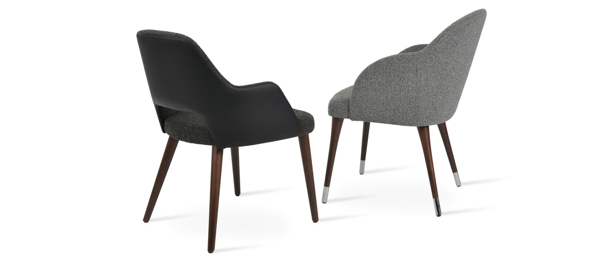 Alice Wood Armchair by SohoConcept, showing back view of alice wood armchair in grey-black boucle fabric with different chair.