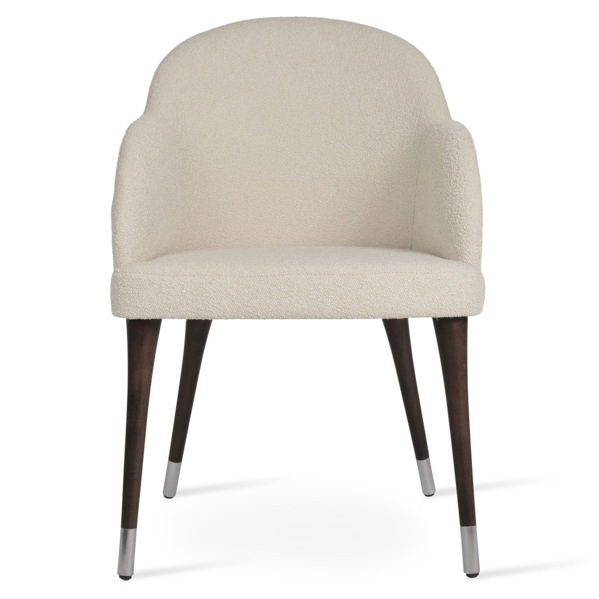 Alice Wood Armchair by SohoConcept, showing front view of alice wood armchair in off white boucle fabric.
