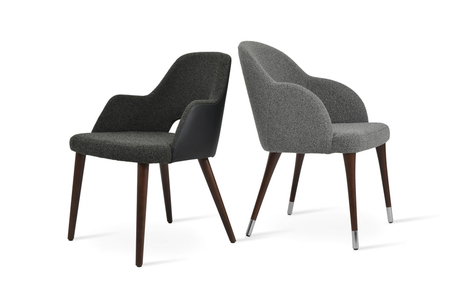 Alice Wood Armchair by SohoConcept, showing angle view of alice wood armchair in grey-black boucle fabric with different chair.