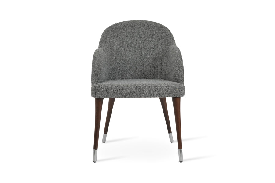 Alice Wood Armchair by SohoConcept, showing front view of alice wood armchair in grey-black boucle fabric.