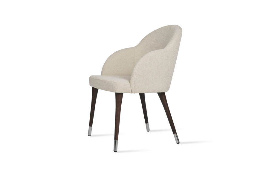 Alice Wood Armchair by SohoConcept, showing side view of alice wood armchair in off white boucle fabric.