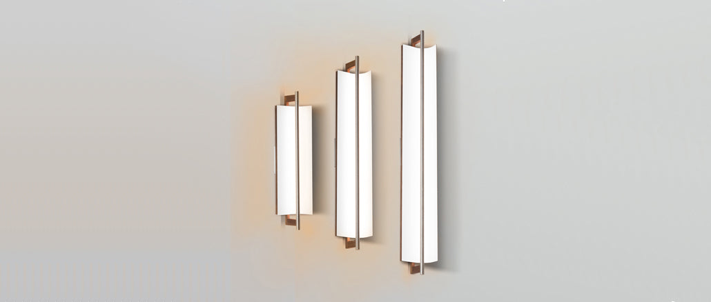 Allavo 40" LED Vanity Sconce by Cerno, showing side view of allavo 40" led vanity sconce in 22", 31" & 40", walnut wood.
