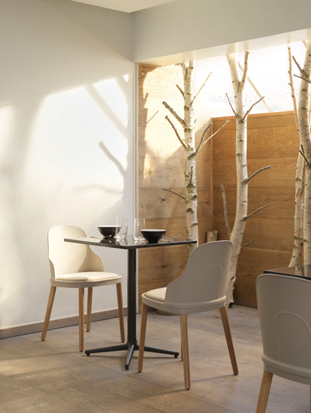 Allez PP Dining Chair Oak Legs by Normann Copenhagen, showing allez pp dining chairs oak legs with table in live shot.