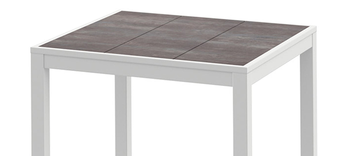 Allux 31.5" HPL Bar Table by Mamagreen, showing closeup view of allux 31.5" hpl bar table in white sand aluminum/laterite HPL.