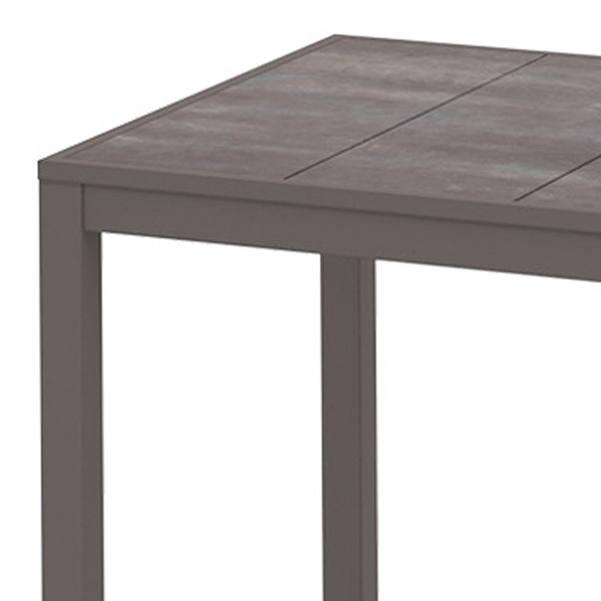 Allux 31.5" HPL Bar Table by Mamagreen, showing closeup view of allux 31.5" hpl bar table in taupe sand aluminum/laterite HPL.