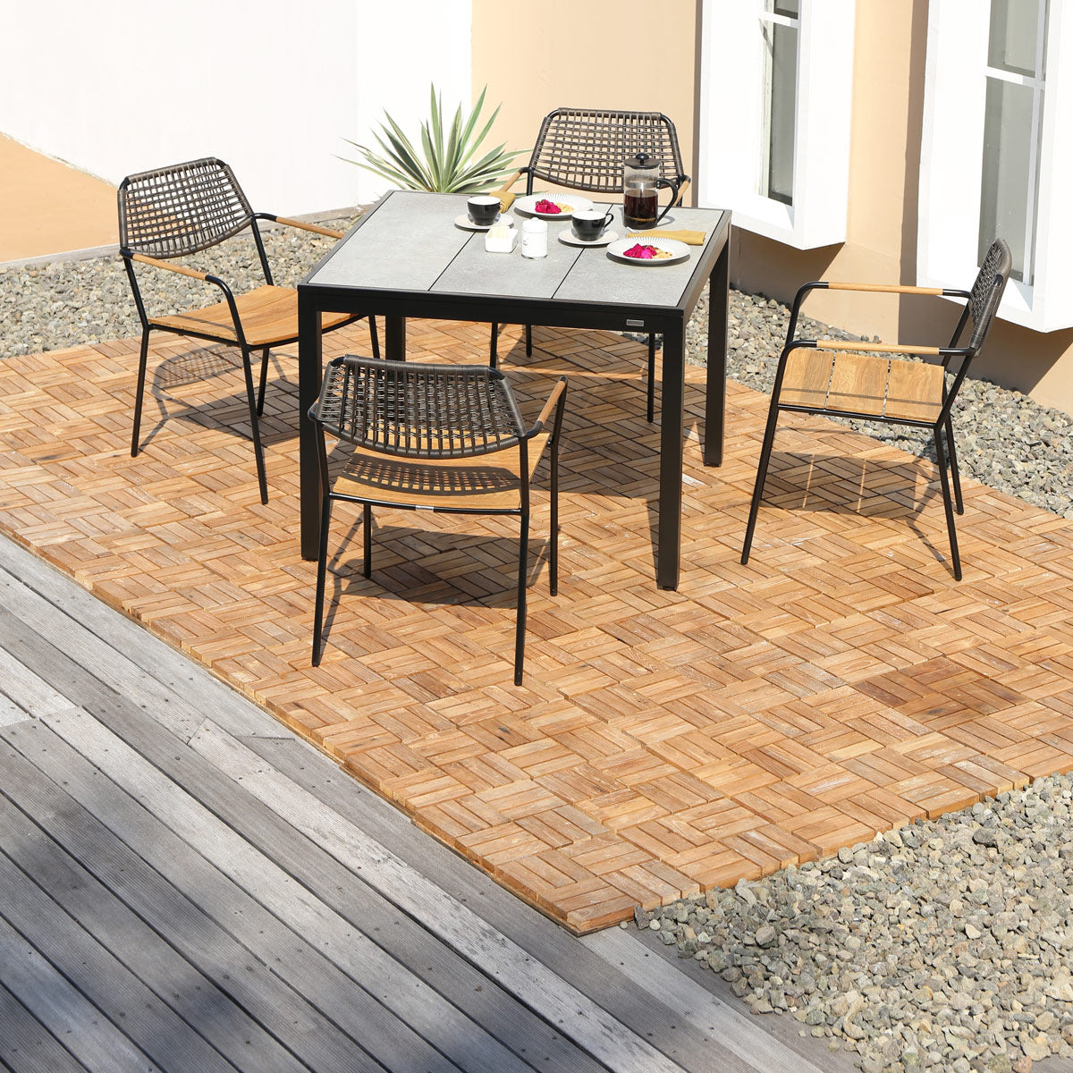 Allux 39.5" HPL Dining Table by Mamagreen, showing allux 39.5" hpl dining table with chairs in live shot.