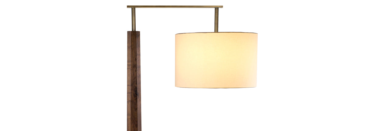 Altus Floor Lamp by Cerno, showing top view of altus floor lamp in distressed brass/walnut body/burlap shade.