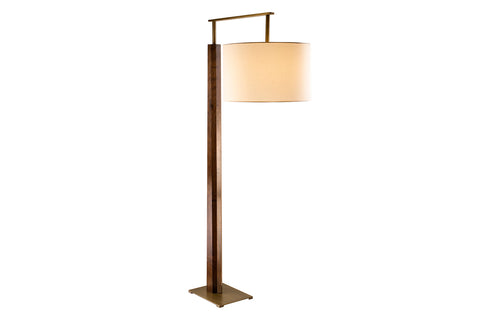 Altus Floor Lamp by Cerno - Distressed Brass, Walnut Body, Burlap Shade.
