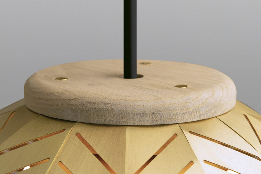 Amicus 12" Pendant by Cerno, showing top view of amicus 12" pendant in brushed brass shade, white washed oak wood.