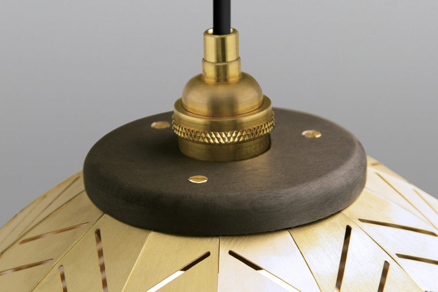 Amicus 16" Pendant by Cerno, showing top view of amicus 16" pendant in brushed brass shade, dark stained walnut wood.