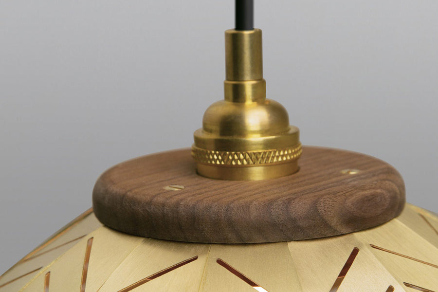Amicus 16" Pendant by Cerno, showing top view of amicus 16" pendant in brushed brass shade, walnut wood.