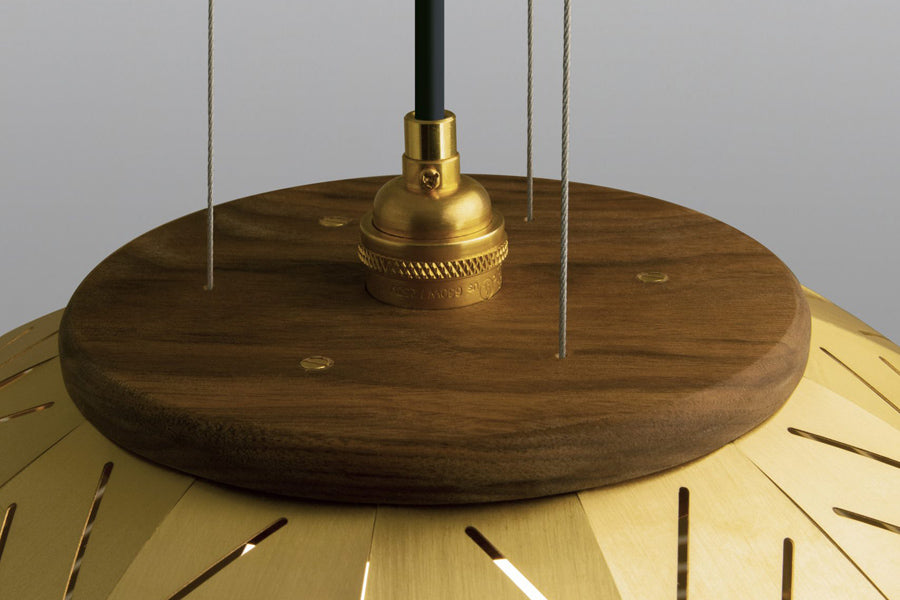 Amicus 21" Pendant by Cerno, showing top view of amicus 21" pendant in brushed brass shade, walnut wood.