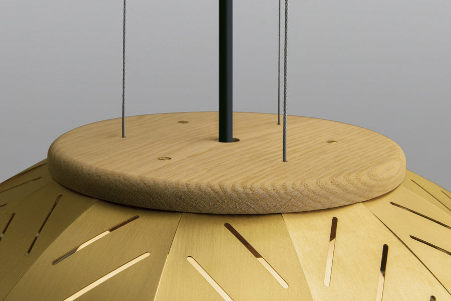 Amicus 21" Pendant by Cerno, showing top view of amicus 21" pendant in brushed brass shade, white washed oak wood.