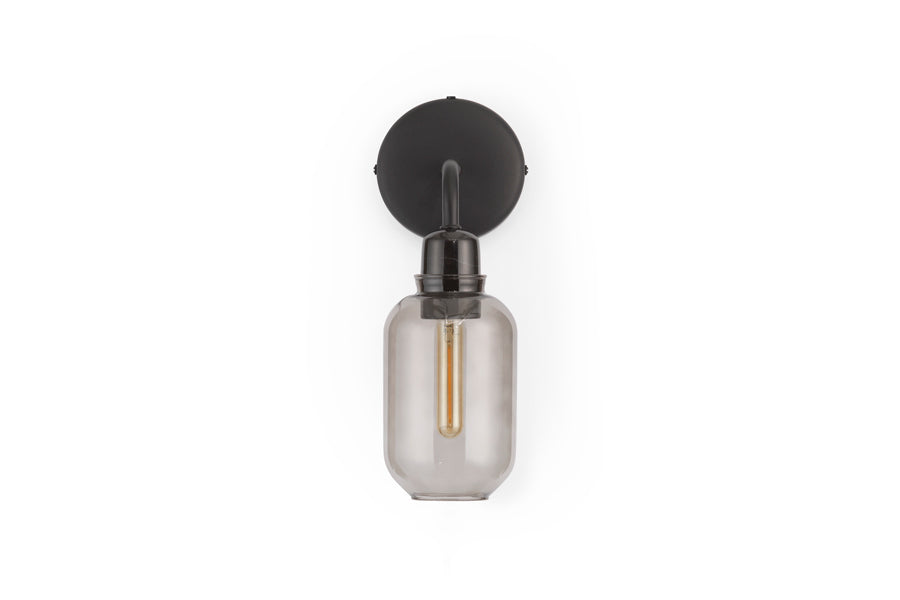 Amp US Wall Lamp by Normann Copenhagen, showing front view of amp us wall lamp in smoke glass/black marble.