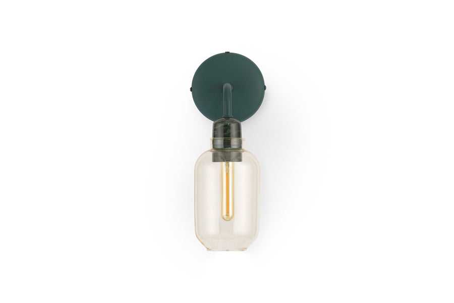 Amp US Wall Lamp by Normann Copenhagen, showing front view of amp us wall lamp in gold glass/green marble.