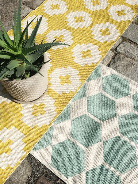 Anna Woven Plastic Rug by Brita, showing closeup view of anna woven plastic rugs in live shot.
