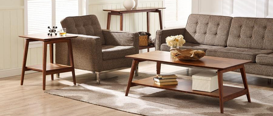 Antares End Table by Greenington, showing antares end table with sofa & coffee table in live shot.
