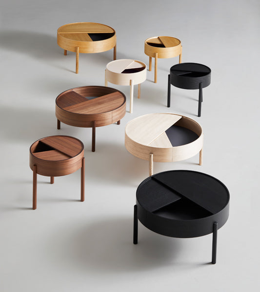 Arc Side Table by Woud, showing arc side tables in live shot.