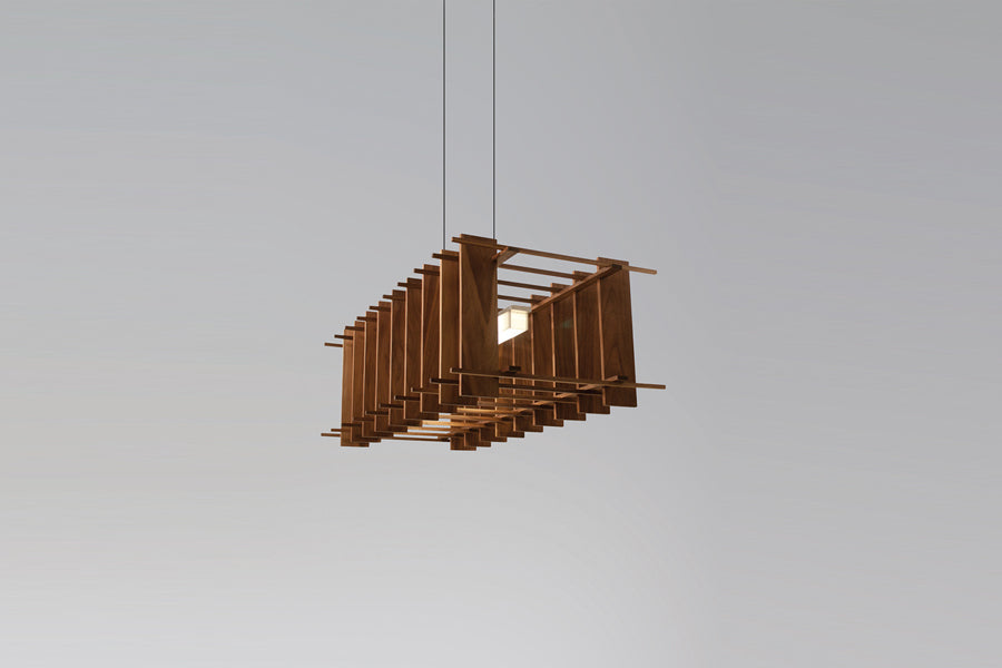 Arca LED Linear Pendant by Cerno, showing side view of arca led linear pendant in brushed aluminum metal + walnut wood.