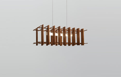 Arca LED Linear Pendant by Cerno - Brushed Aluminum Metal + Walnut Wood.