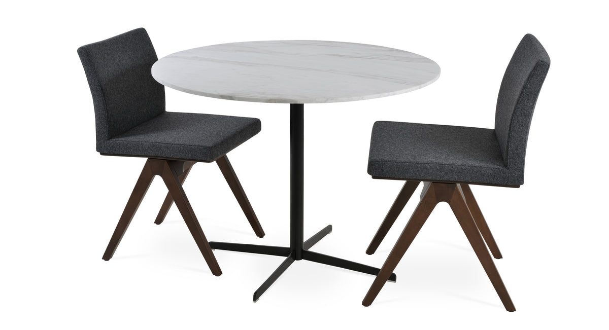 Aria Fino Wood Chair by SohoConcept, showing two aria fino wood chairs in camira blazer dark grey wool color with a dining table.