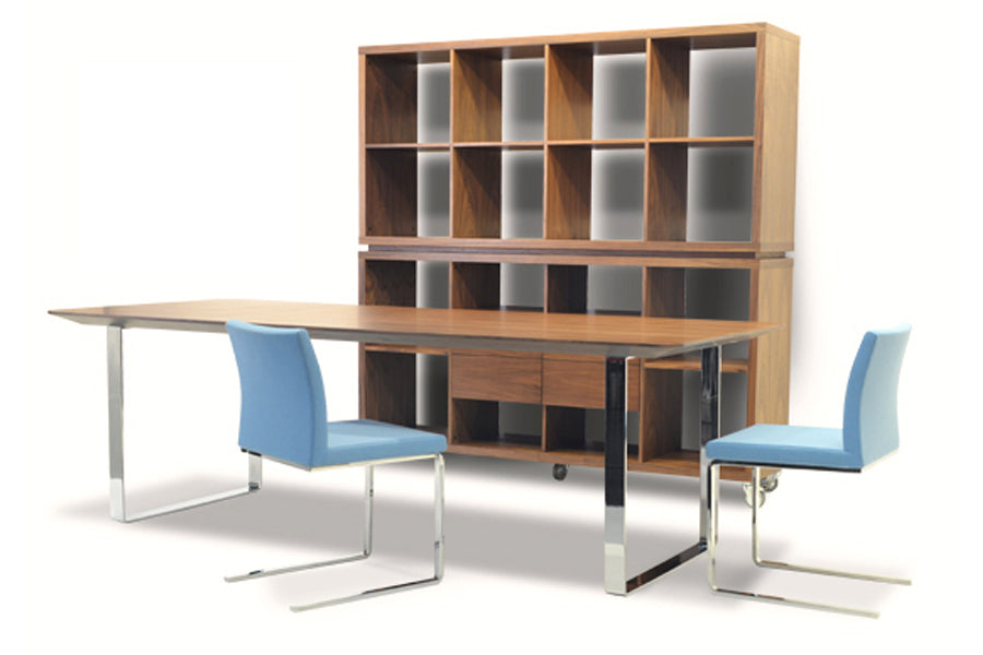 Aria Flat Chair by SohoConcept, shown in sky blue wool with walnut wood table top.
