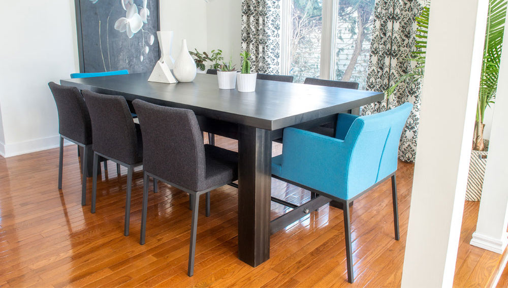 Aria Metal Dining Chair by SohoConcept, showing dining chairs & soho dining chair with table.