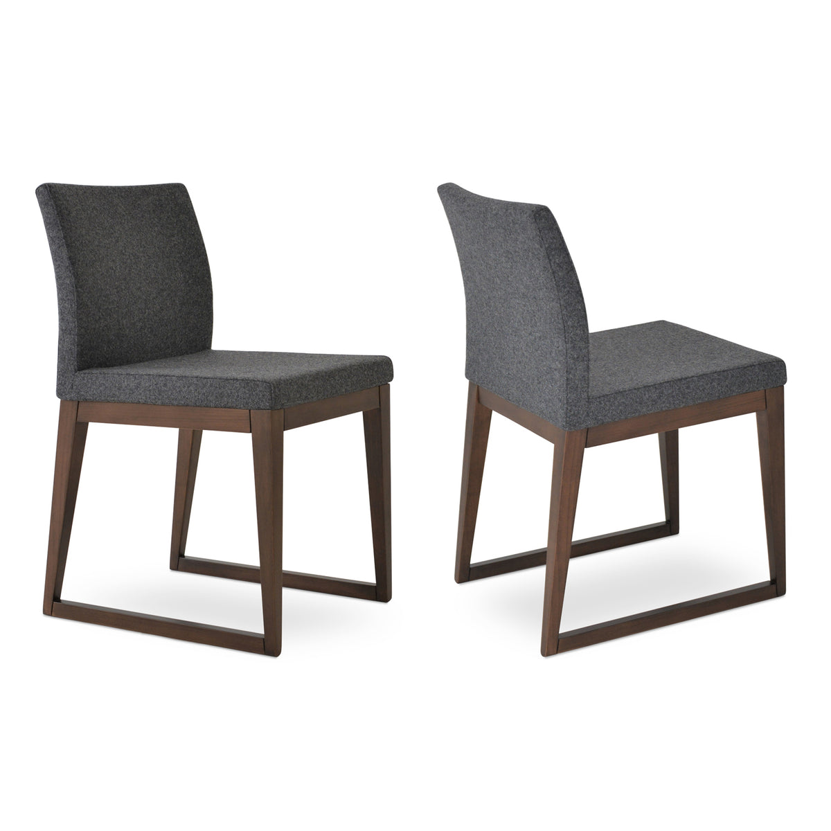 Aria Sled Wood Dining Chair by SohoConcept, showing two sled wood chairs in camira blazer dark grey wool.