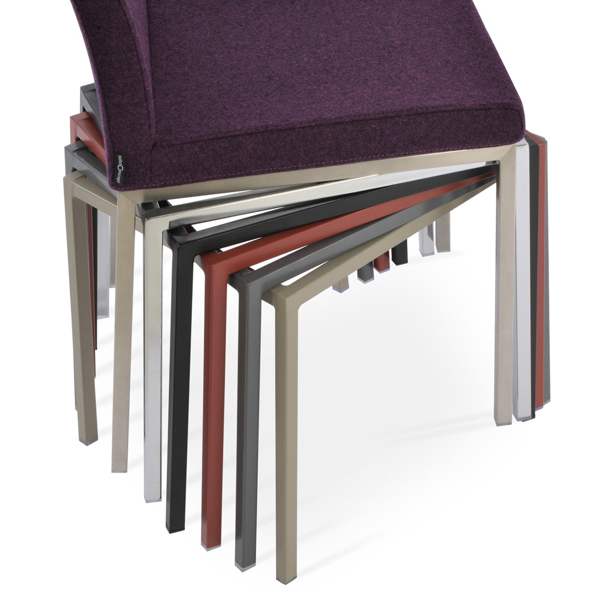 Aria Stackable Dining Chair by sohoConcept, showing chairs's bases in black, grey, red finishes with stainless steel & chrome metals.