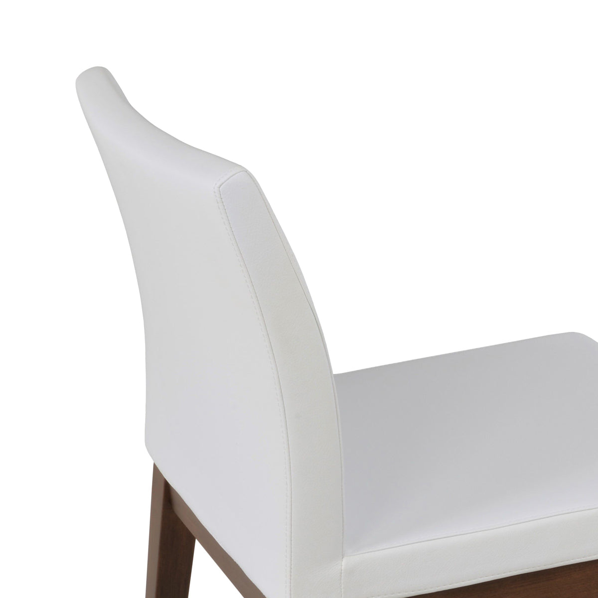 Aria Wood Stretcher Dining Chair by SohoConcept, showing closeup view of aria wood stretcher dining chair in beech walnut wood/white leatherette.