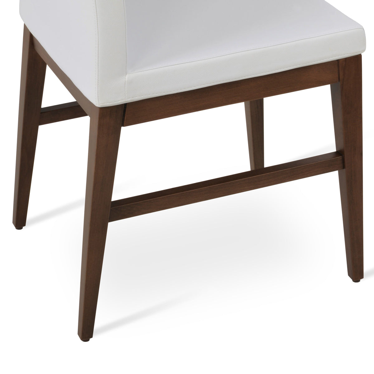 Aria Wood Stretcher Dining Chair by SohoConcept, showing closeup view of aria wood stretcher dining chair in beech walnut wood/white leatherette.