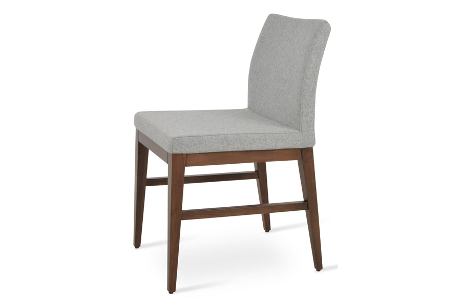 Aria Wood Stretcher Dining Chair by SohoConcept, showing side view of aria wood stretcher dining chair in beech walnut wood/camira blazer silver wool.