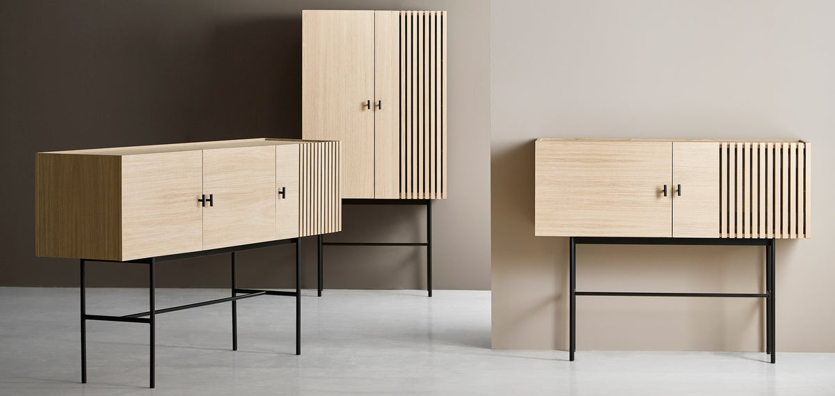 Array Sideboard by Woud, showing array sideboards with different highboard in live shot.