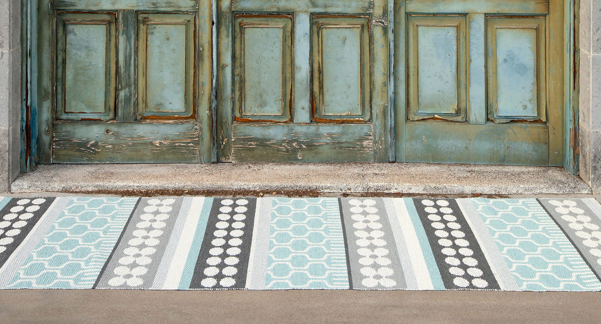 Asta Pale Turquoise Runner Rug by Pappelina, showing asta pale turquoise runner rug in live shot.